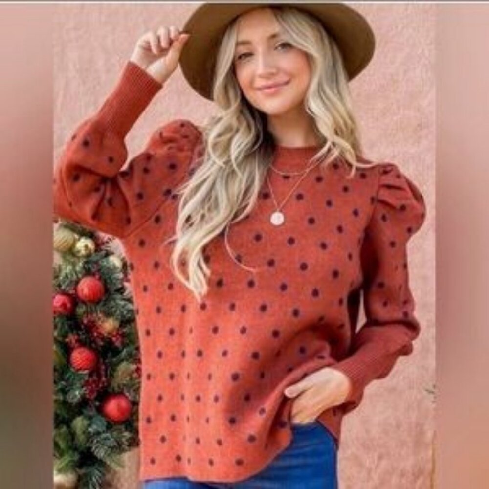 NWT Andthewhy Rust Black Puffed Sleeve Cozy Fall Knit Sweater SZ S/M - Picture 1 of 12